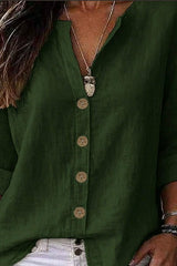 V-neck Mid Sleeve Cotton Linen Shirt