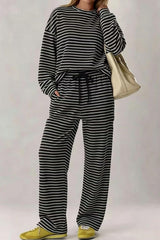 Striped Long Sleeve Top Drawstring Wide Leg Pants 2 Piece Set