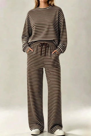 Striped Long Sleeve Top Drawstring Wide Leg Pants 2 Piece Set