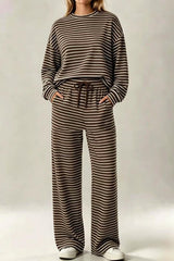 Striped Long Sleeve Top Drawstring Wide Leg Pants 2 Piece Set