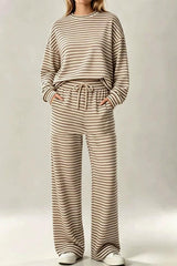 Striped Long Sleeve Top Drawstring Wide Leg Pants 2 Piece Set