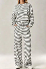 Striped Long Sleeve Top Drawstring Wide Leg Pants 2 Piece Set