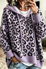Leopard Print Hooded Knit Sweatshirt