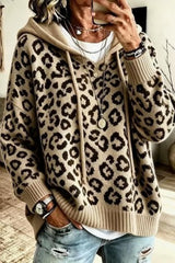 Leopard Print Hooded Knit Sweatshirt