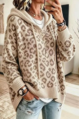Leopard Print Hooded Knit Sweatshirt