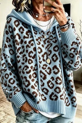 Leopard Print Hooded Knit Sweatshirt