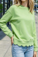 Scallop Hem Crew Neck Long Sleeve Top