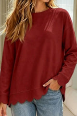 Scallop Hem Crew Neck Long Sleeve Top