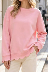 Scallop Hem Crew Neck Long Sleeve Top