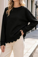 Scallop Hem Crew Neck Long Sleeve Top