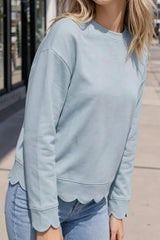 Scallop Hem Crew Neck Long Sleeve Top