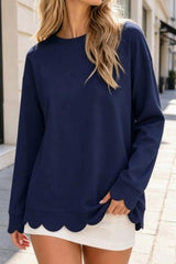 Scallop Hem Crew Neck Long Sleeve Top