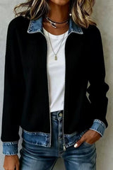 Denim Collar Ribbed Knit Zip Up Jacket