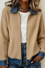 Denim Collar Ribbed Knit Zip Up Jacket