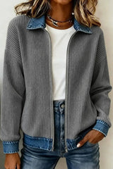 Denim Collar Ribbed Knit Zip Up Jacket