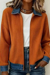 Denim Collar Ribbed Knit Zip Up Jacket