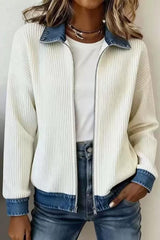 Denim Collar Ribbed Knit Zip Up Jacket