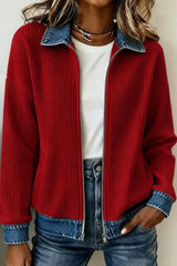 Denim Collar Ribbed Knit Zip Up Jacket
