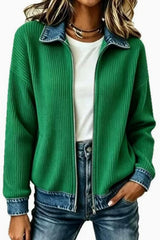 Denim Collar Ribbed Knit Zip Up Jacket