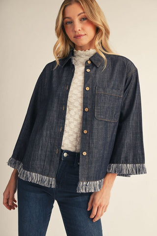 Frayed Edge Button Down Washed Denim Top