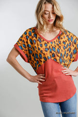 Leopard Print and Waffle Knit Top
