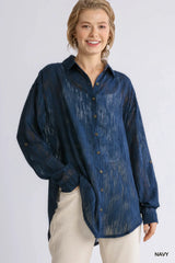 Sheer Collared Button Up Long Sleeve Metallic Line Chiffon Tunic Top with High low Hem
