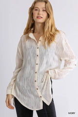 Sheer Collared Button Up Long Sleeve Metallic Line Chiffon Tunic Top with High low Hem