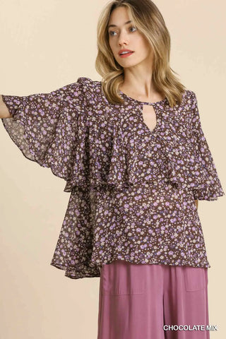 Floral Print Front Cut Out Chiffon Top with Ruffles