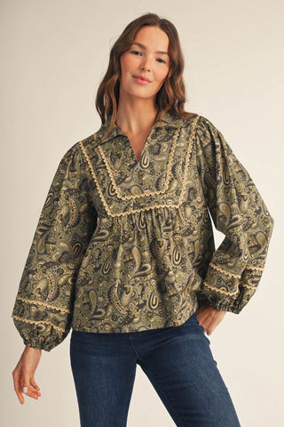 Scallop Trim Detail Puff Sleeves Boho Paisley Top