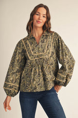 Scallop Trim Detail Puff Sleeves Boho Paisley Top
