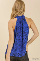 Sleeveless Print Halter Neck Top with Button Closure