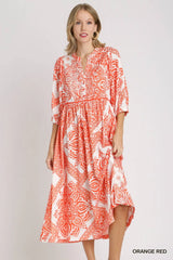 Two Tone Paisley Print Split Neck A-Line Midi Dress