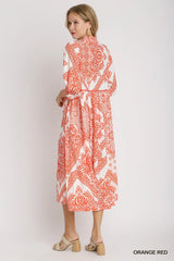 Two Tone Paisley Print Split Neck A-Line Midi Dress