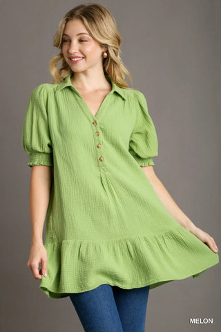 Collared Tunic Mid Button Down Top