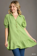 Collared Tunic Mid Button Down Top