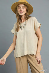 UMGEE Scallop Hem Linen Blend Top