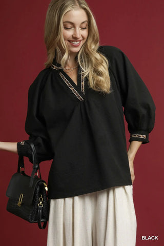 UMGEE Puff Sleeves V Neck Collared Top