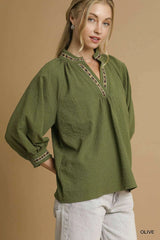 UMGEE Puff Sleeves V Neck Collared Top