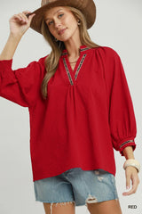 UMGEE Puff Sleeves V Neck Collared Top