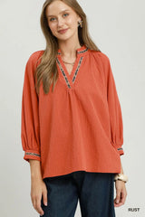 UMGEE Puff Sleeves V Neck Collared Top