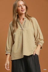 UMGEE Puff Sleeves V Neck Collared Top