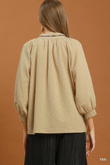 UMGEE Puff Sleeves V Neck Collared Top