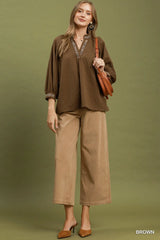 UMGEE Puff Sleeves V Neck Collared Top