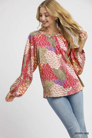 Boho Feather Print Peasant Blouse