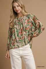 Mix Leaf Print Peasant Blouse