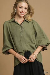 UMGEE Button-Up Blouse with Leopard Print Trim