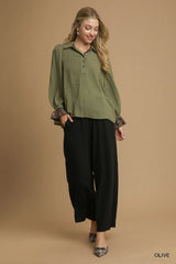 UMGEE Button-Up Blouse with Leopard Print Trim