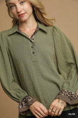UMGEE Button-Up Blouse with Leopard Print Trim