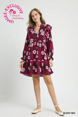 Mix Floral & Stripe Ruffle Long Sleeve Mini Dress