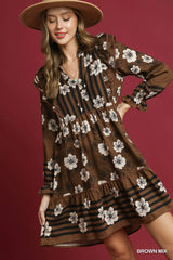 Mix Floral & Stripe Ruffle Long Sleeve Mini Dress